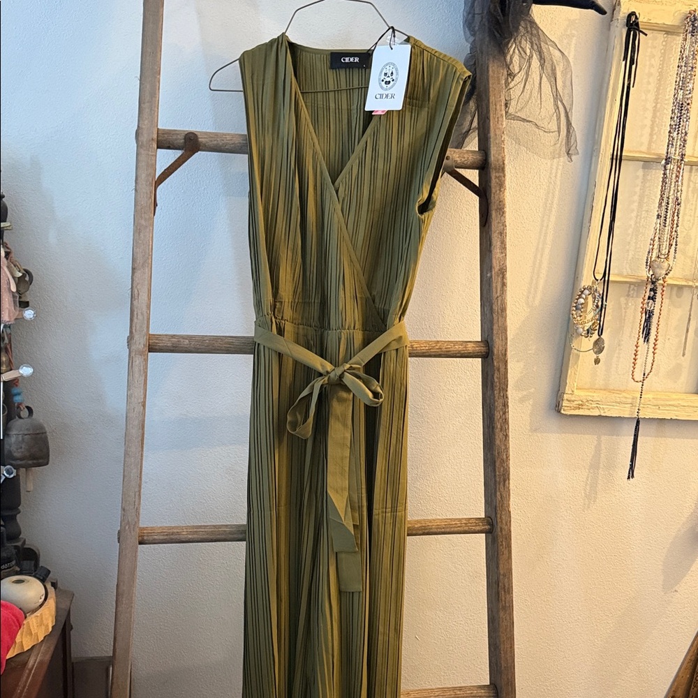 Cider Olive Green Jumpsuit with Tie Waist (optional )